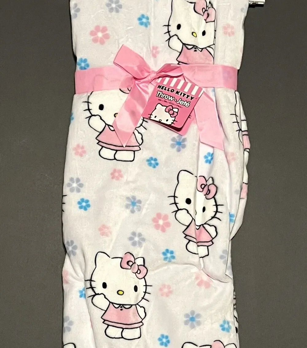 Hello Kitty Throw Blanket Spring Blue Pink Flowers Plush Fleece 50 X 70” Easter